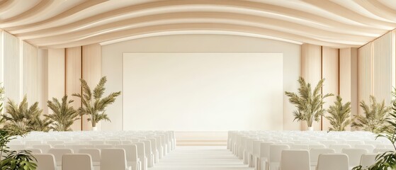 Fototapeta premium Elegant event venue with rows of white chairs and natural green plants under a curved wooden ceiling and a blank screen