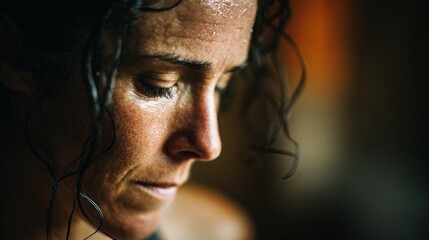 Woman with curly hair showing focused expression during an intense workout in a dimly lit gym setting