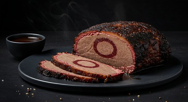  a slow-cooked rich beef brisket, sliced to reveal the tender, pink interior and a deep smoky ring, with a small pool of savory jus.