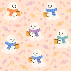 Cute ghosts wearing scarves and holding mugs of hot chocolate, surrounded by candy.