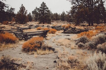 Rustic wooden fences in a dry, pine-covered landscape