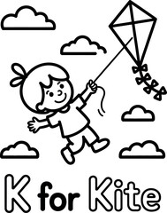 Illustration of happy child flying a kite with the letter K