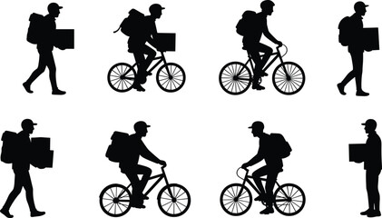 Silhouette of courier workers delivering packages, riding bicycles, wearing backpacks, express delivery service, urban logistics, professional parcel delivery concept.