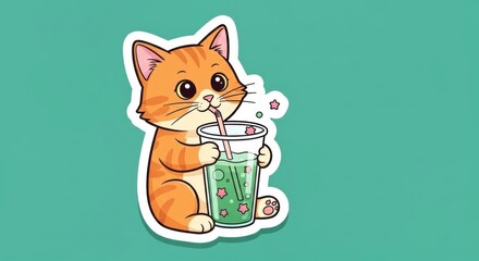 Obraz premium Cute cartoon cat drinking a green beverage