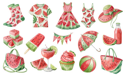 Watercolor Summer Watermelon Clipart Set for Fashion, Food and Party Design