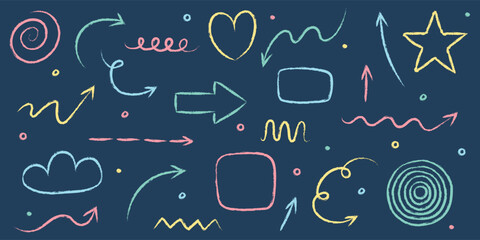 Set of hand drawn grunge arrow, line, square, circle and various shapes. Abstract pencil, crayon and chalk brush style. Doodles. Vector illustration