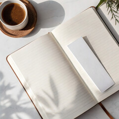 White Bookmark Mockup with Coffee Cup, Wheat Ears and Book, Cozy Reading Flat Lay Scene