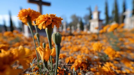 A vibrant cemetery filled with cempasuchil flowers and grave markers on Day of the Dead, Mexican holiday celebration footage.