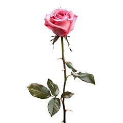 A single, vibrant pink rose, isolated against black.  Detailed petals, stem, and leaves