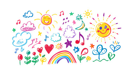 Cheerful doodle art with suns and rainbows illustration