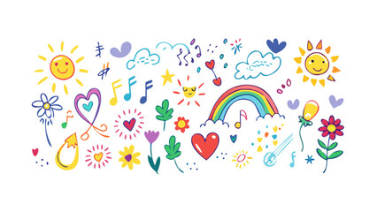 Cheerful doodle elements with suns and rainbows colorful