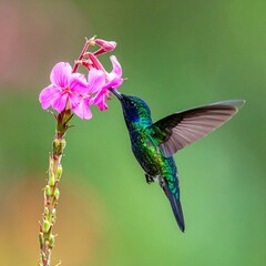 A vibrant hummingbird hovers near a cluster of pink flowers, showcasing its iridescent plumage and delicate feeding action.