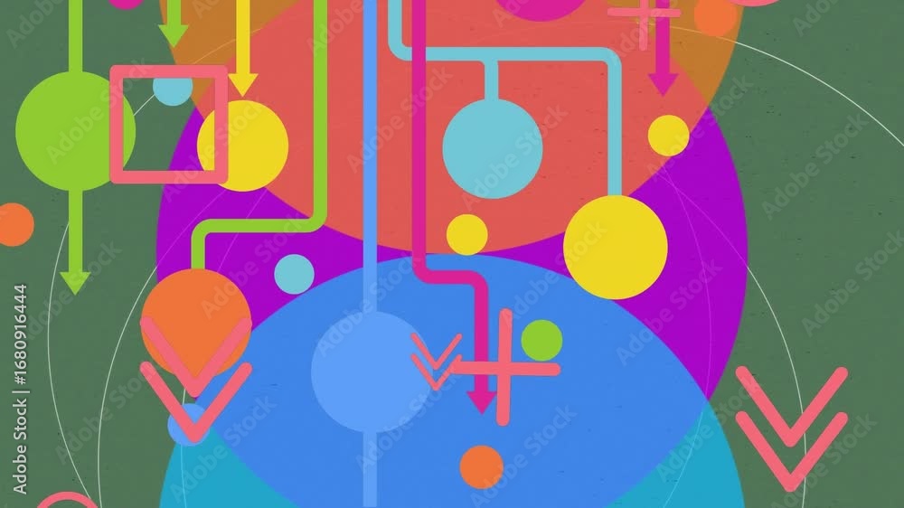 Poster digital animation of abstract shapes moving against network of profile icons on yellow background