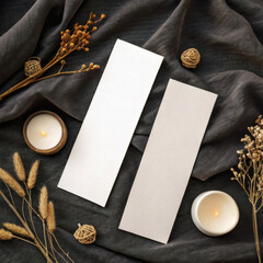 Two White Bookmark Mockups on Black Background with Dried Flowers, Minimal Elegant Stationery Flat Lay