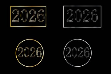Abstract black background with golden 2026 typography in circular badge style design. Elegant minimal new year decoration, luxury calendar number, and futuristic graphic element.