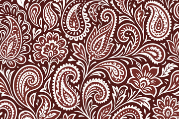 Seamless paisley pattern in white on deep burgundy. Ornate floral boteh swirls for bandanas, fabric, wallpaper, and backgrounds. Vintage decorative vector ideal for boho branding and home decor