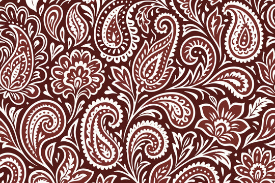 Seamless paisley pattern in white on deep burgundy. Ornate floral boteh swirls for bandanas, fabric, wallpaper, and backgrounds. Vintage decorative vector ideal for boho branding and home decor