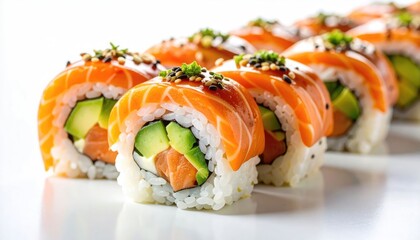 Delicious Salmon Sushi Roll with Avocado and Cream Cheese Preparation Cuisine