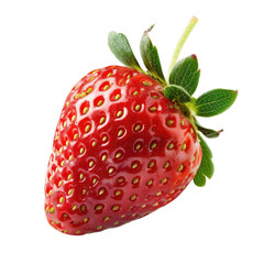 Close-up of a single, fresh strawberry.  Vibrant red skin with tiny seeds.  Green leaves attached to the stem.  Isolated on a black background