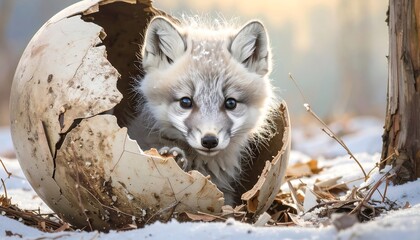 A curious arctic fox pup playfully explores a cracked, earthen egg-shaped object in a snowy winter setting.