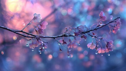 Vibrant photo of delicate pink cherry blossoms covered in dew drops with soft bokeh background.