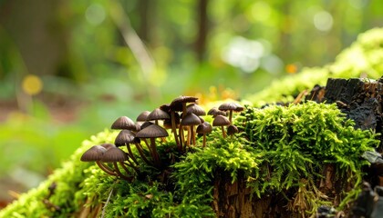 Fototapeta premium Close Up Natural Mushroom Group on Mossy Tree Stump in Forest