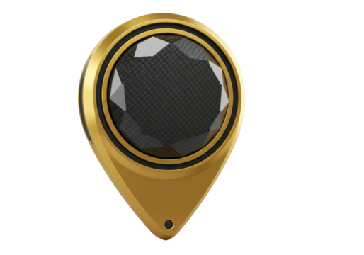 Isolated golden map pointer or location pin with faceted gem and carbon fiber core design
