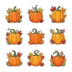 Collection of nine different watercolor pumpkins adorned with autumn leaves and vines for fall harvest and halloween