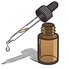 A dropper with a drop of liquid falling into an open amber glass bottle