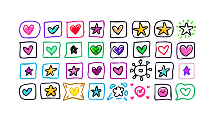 Colorful doodle icons hearts and stars doodles