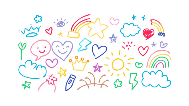 Colorful doodle icons with childlike charm sketch