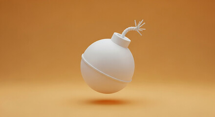 A minimalist surrealist depiction of a white bomb with a lit fuse suspended in mid air against a warm gradient orange background evoking a sense of impending action or creative explosion