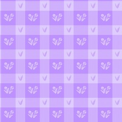 Seamless lilac gingham pattern with floral motifs and soft pastel design