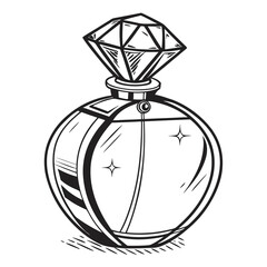 Elegant black and white illustration of a round perfume bottle with a diamond shaped cap and sparkling details