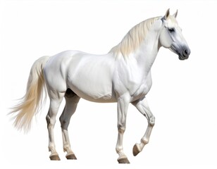Obraz premium Elegant White Horse Walking Beautifully Isolated Against a Clean White Background