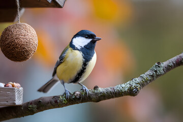 Obraz premium A Beautiful Great Tit Bird Sits On A Branch Near A Brd Feeder Ball During Autun Season