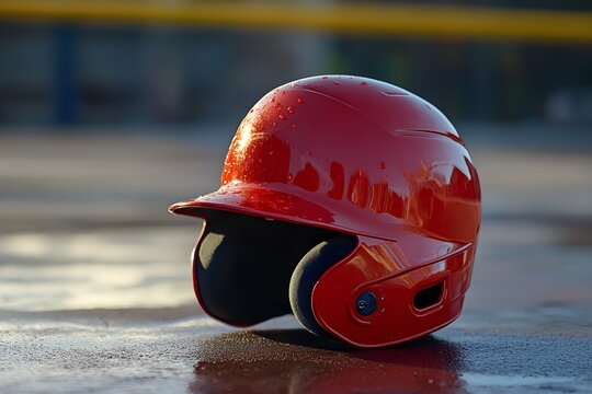 Red baseball helmet with water droplets on a wet surface - Powered by Adobe