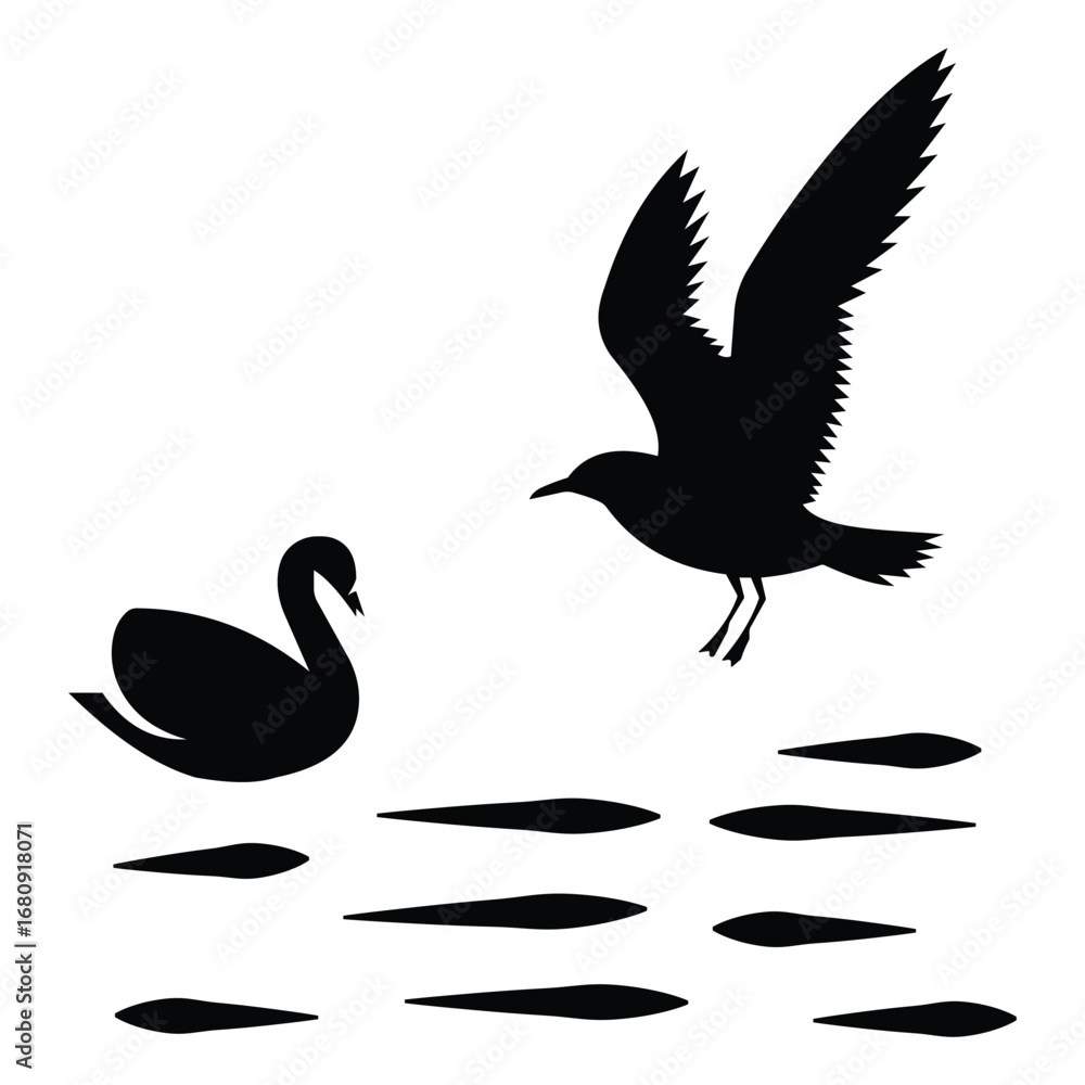 Poster bird and duck icon set. flying bird vector silhouette symbol website graphic design. duck and bird s