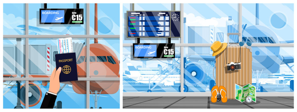 Man hand holding passport and boarding pass at airport window. Travel luggage, hat, camera, map. Modern terminal interior with airplane, flight information board, gate C15 for trip planning concept.