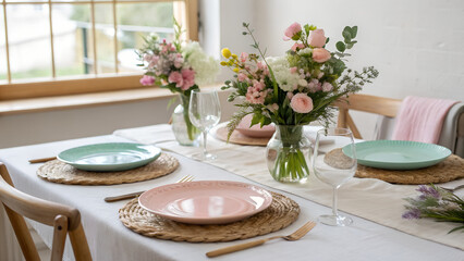Elegant spring table setting with pastel plates, fresh flower bouquets and natural light perfect for seasonal home decor, dining lifestyle visuals and celebration concepts