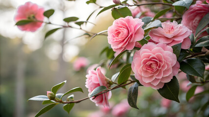 Pink camellia flowers blooming on garden bush in soft daylight perfect for spring floral design, romantic natural backgrounds and botanical-themed wedding decorations