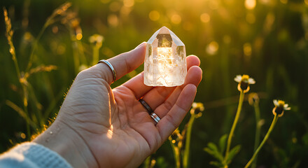 Holding quartz crystal in a sunny, golden meadow for healing