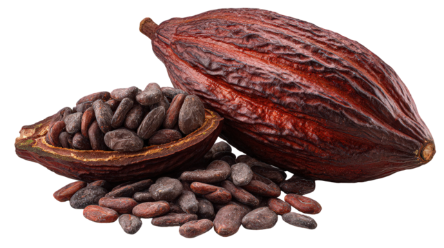 Cocoa Beans and Pod on Transparent Background