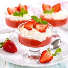 Three elegant dessert glasses filled with vibrant strawberry puree, topped with a generous layer of whipped cream and fresh strawberry slices, creating a delightful and visually appealing...