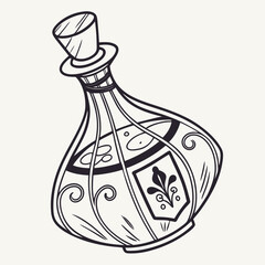 Whimsical hand drawn potion bottle with decorative swirls and a fleur de lis emblem © shahin10