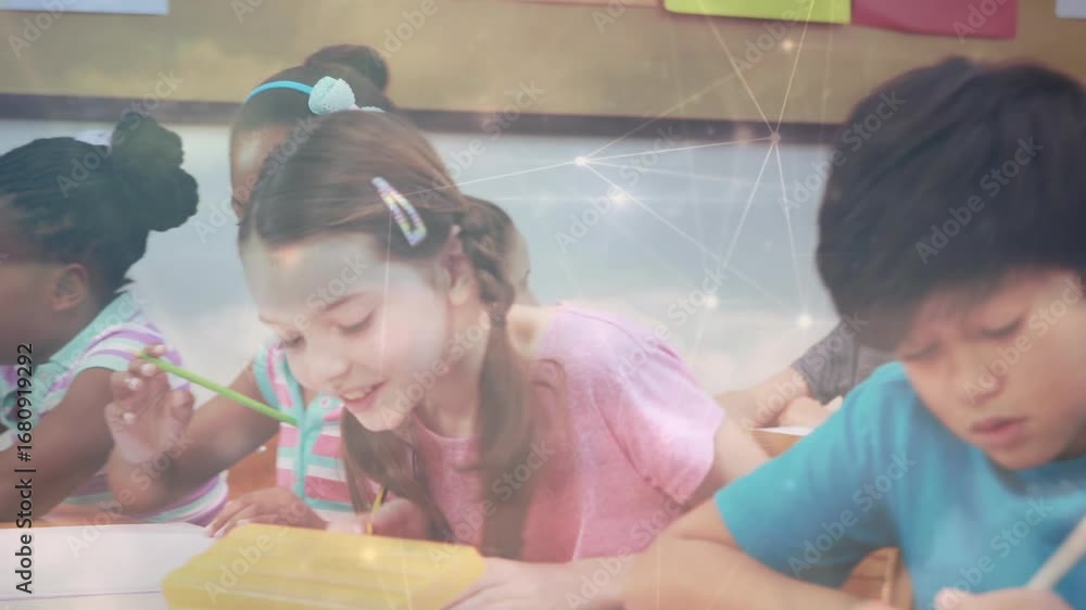 Poster animation of network of connection over diverse group of children