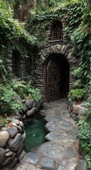 Fototapeta premium Stone archway in lush garden