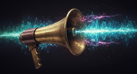 Powerful vintage megaphone blasts vibrant sound waves, creating dynamic energy and a captivating visual representation of audio transmission and communication.