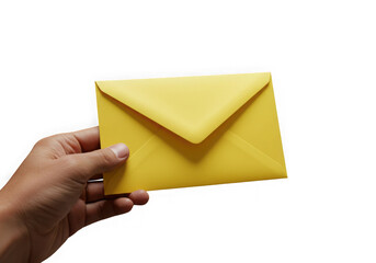 Hand holding yellow envelope mail isolated on transparent background