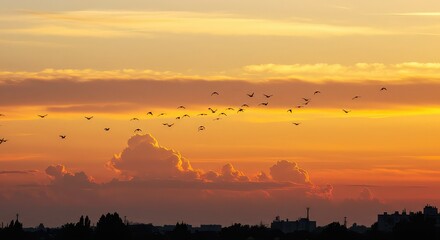 Stunning flock of birds gracefully soaring across a vibrant sunset sky filled with golden clouds over a silhouetted cityscape at dusk
